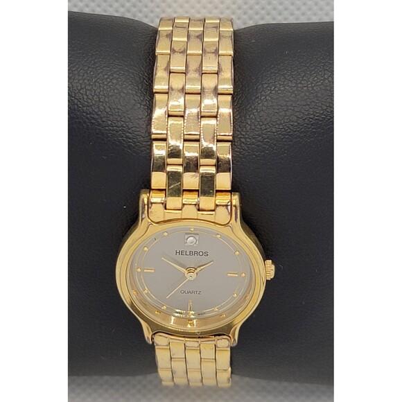 Womens Helbros 02921D Round Gold Tone Gray Dial Link Bracelet Analog Watch 01